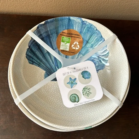 Sigrid Olsen Set Of 4 Blue Seashell Oyster Melamine New Summer Salad Bowls 7.5” - Picture 2 of 3